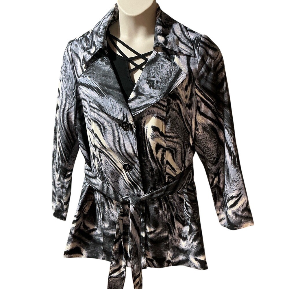 Susan Graver Zebra Print Short Trench Jacket Coat, Button Front 1X Belted NWOT‎